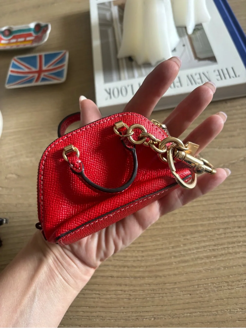 COACH Red Mini Dome Leather Bag Charm with Gold Hardware
